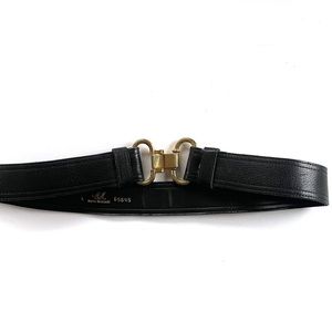 Morris Moskowitz Large Black Leather and Gold Calsp Belt Buckle